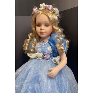 Vintage Blonde Porcelain Collector Doll Blue Ballgown Butterfly Princess 18 inch